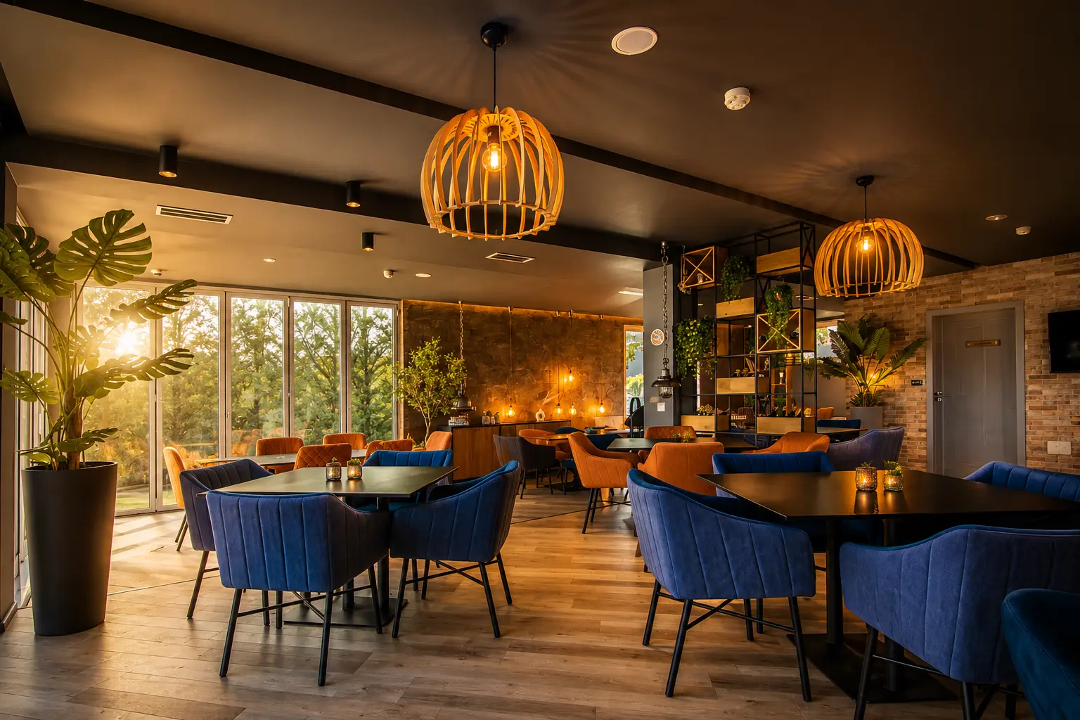 Restaurant dining room with blue and orange velvet armchairs, woven pendant lamps and full-height windows